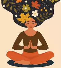 An illustration of a woman with flowers in her hair, meditating and practicing mindfulness