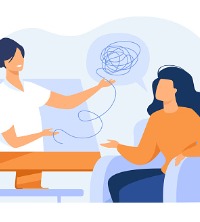 An illustration of a counselor unraveling a woman's thoughts during General Counseling Services in Peoria IL